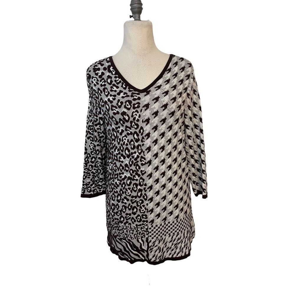 Chico's Brown Gray Leopard & Raised print Tunic Sweater 1 Medium
